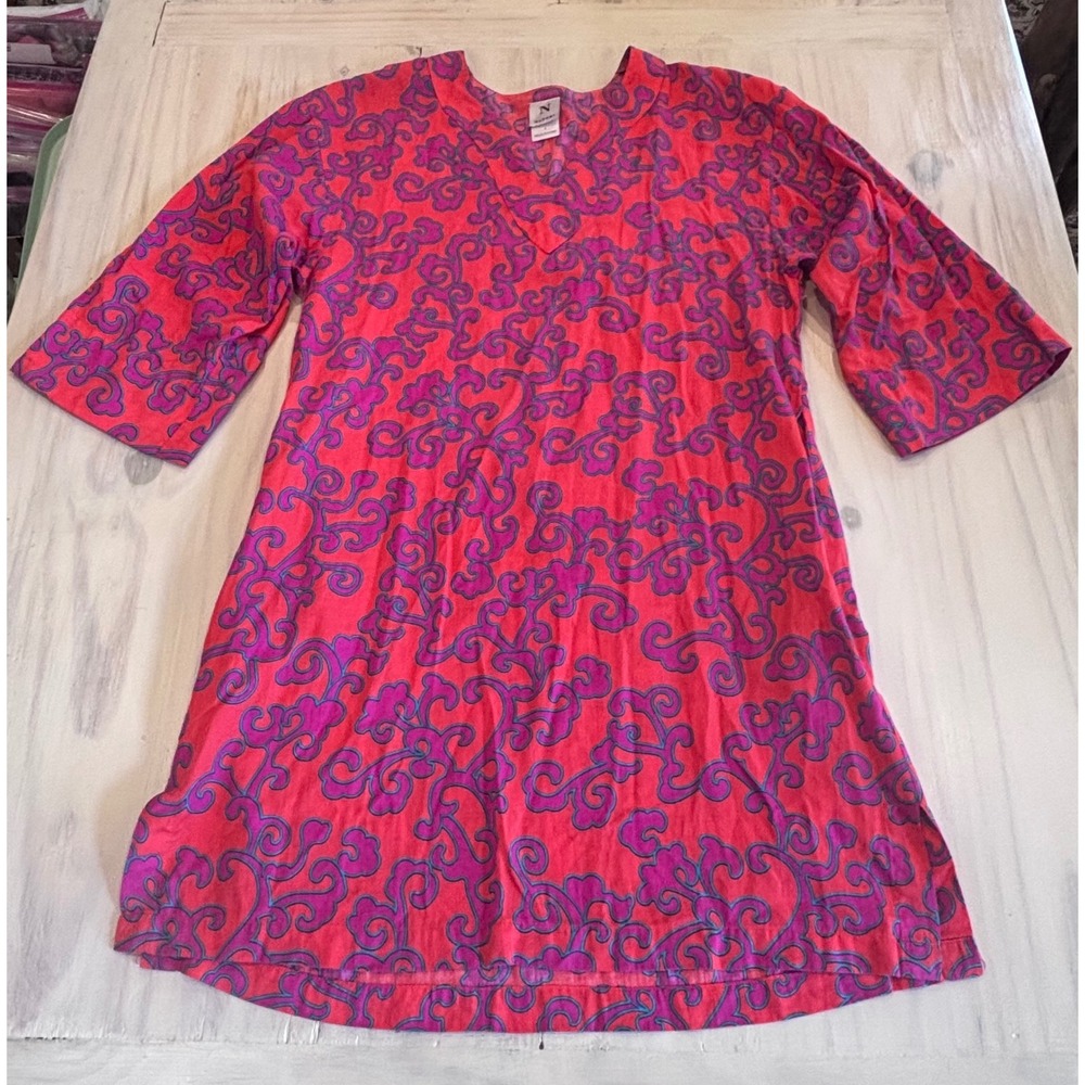 Natori Womens Red Pink Scroll Print 100% Cotton V-Neck Tunic Kaftan Top Small
